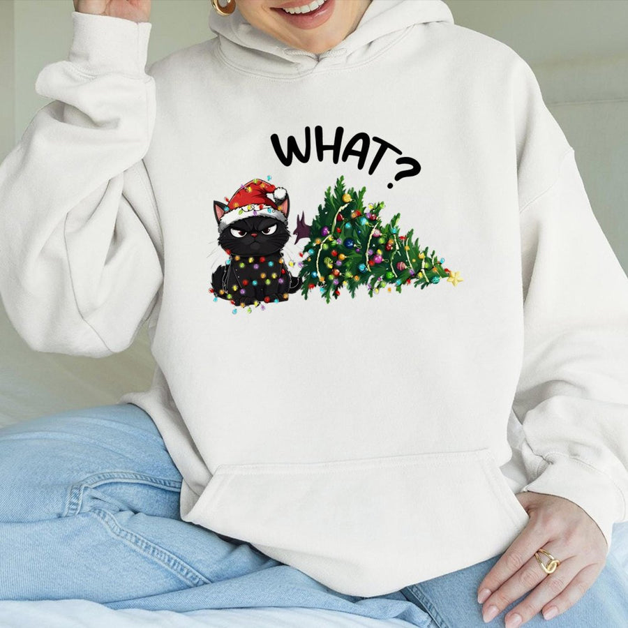 Grumpy Black Cat Christmas Hoodie | Funny What? Holiday Lights Graphic | Soft Cotton Blend Pullover | Cute Cat Mom Gift for Women and Men