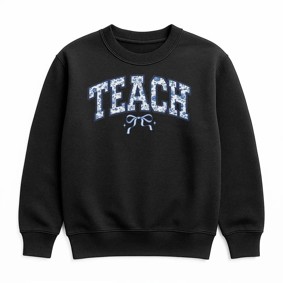 Floral Teacher Sweatshirt | Blue Varsity 'Teach' Print Design | Soft Cotton Tee | Back To School Outfit & Teacher Appreciation Gift