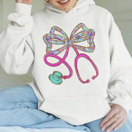 Floral Stethoscope Bow Hoodie | Preppy Nurse Graphic Print | Premium Cotton-Blend Sweatshirt | Cute Gift for Nursing Students and RNs