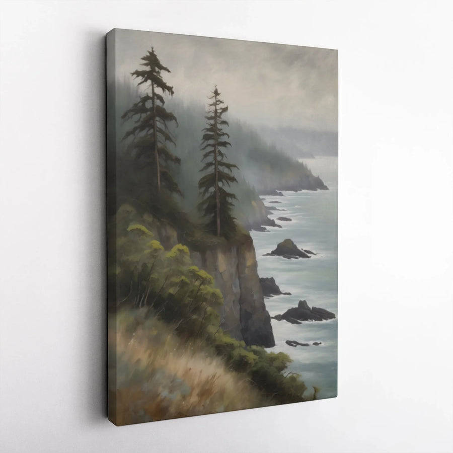 Pacific Northwest Canvas Print | Moody Forest Seascape Oil Painting Style | Premium Gallery Wrapped Art | Living Room & Cabin Decor