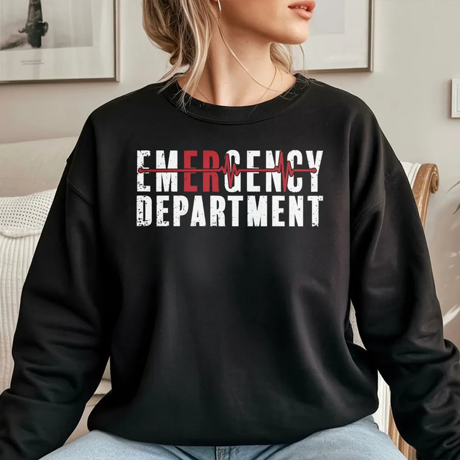 Emergency Department Sweatshirt | EKG Heartbeat Line Graphic | Soft Cotton Blend | Patriotic Gift for ER Nurse, RN, Paramedic on 4th of July