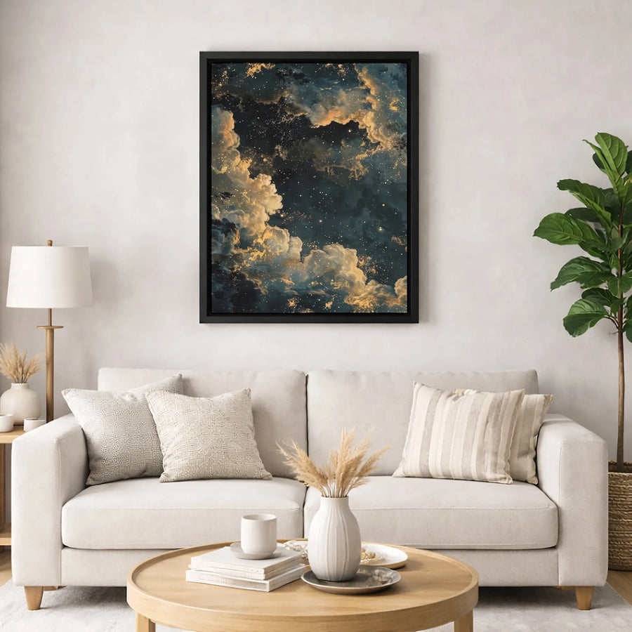 Celestial Night Sky Canvas | Gold Cloud Galaxy Abstract Art | Premium Fade-Resistant Wall Decor | Modern Home and Office Statement Piece