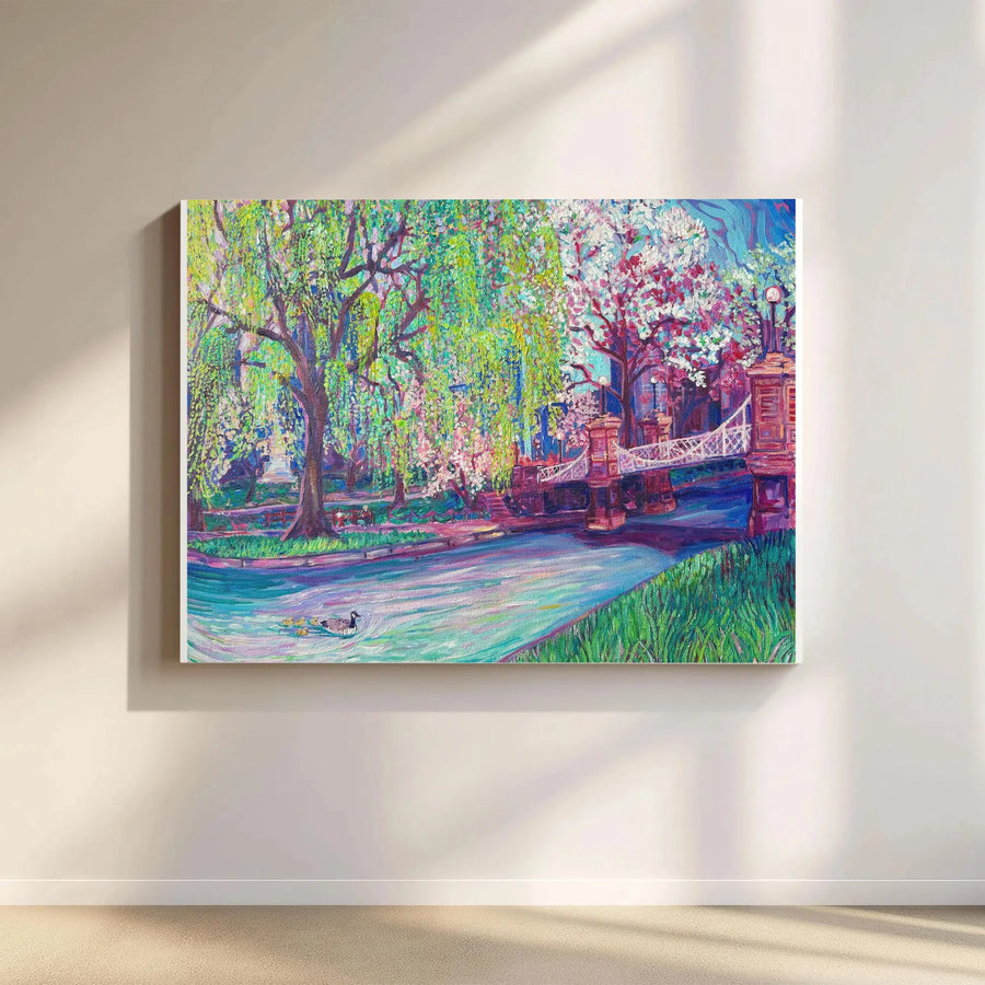 Boston Public Garden Canvas Wall Art | Impressionist Spring Bridge Painting | Premium Gallery Wrap Print | New England Home Decor Gift