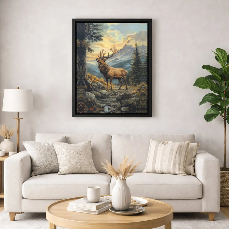Majestic Bull Elk Canvas Print | Mountain Forest Sunset Landscape | 1.25 Inch Gallery Wrap | Wildlife Nature Wall Art Gift for Outdoorsmen