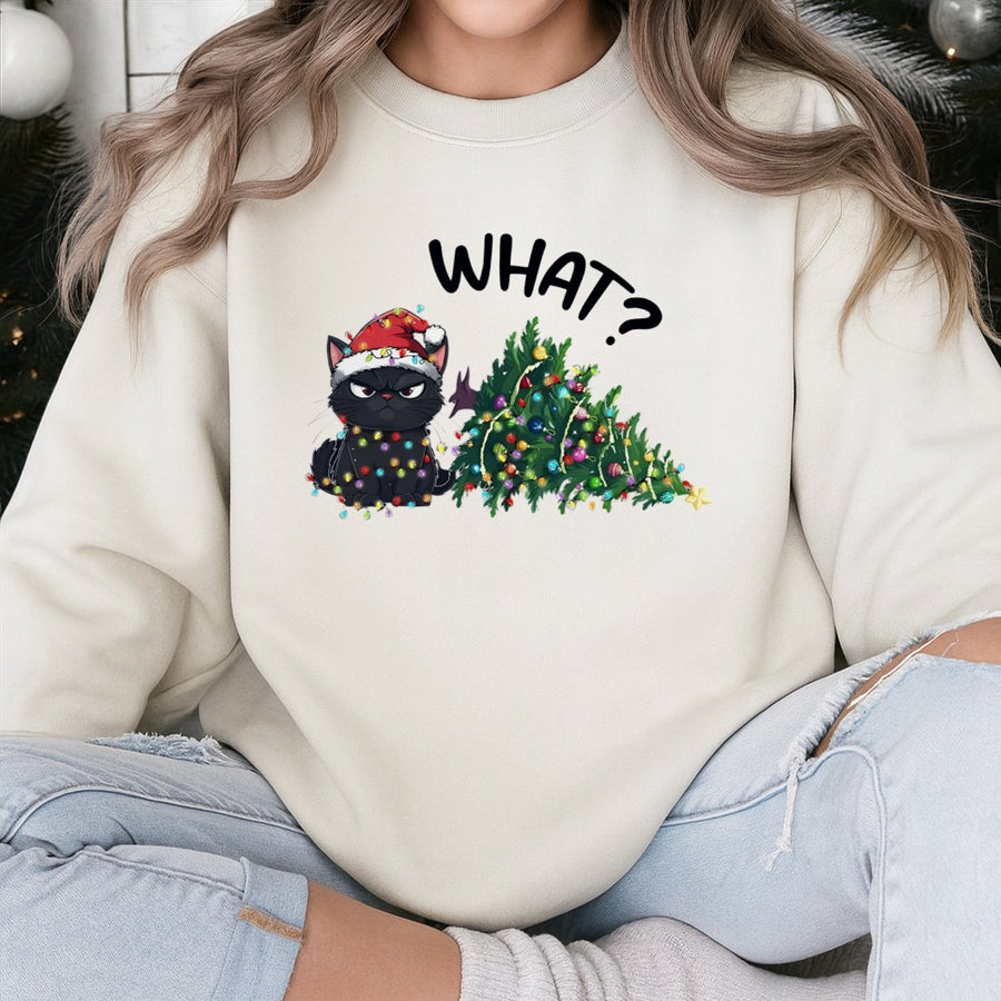 Grumpy Black Cat Christmas Sweatshirt | Funny What Cat Tree Design | Soft Cotton Blend Crewneck | Holiday Gift for Cat Lovers & Mom