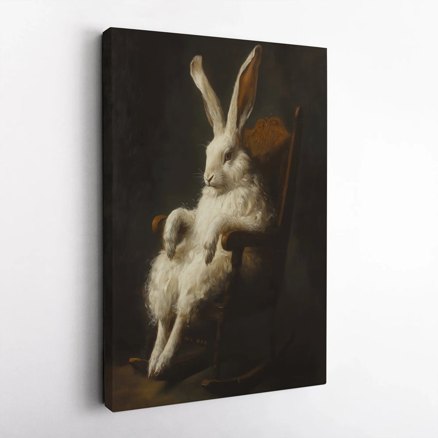 White Rabbit Rocking Chair Canvas Print | Whimsical Animal Oil Painting Style | Gallery-Wrapped Premium Decor | Unique Gift for Rabbit Lovers