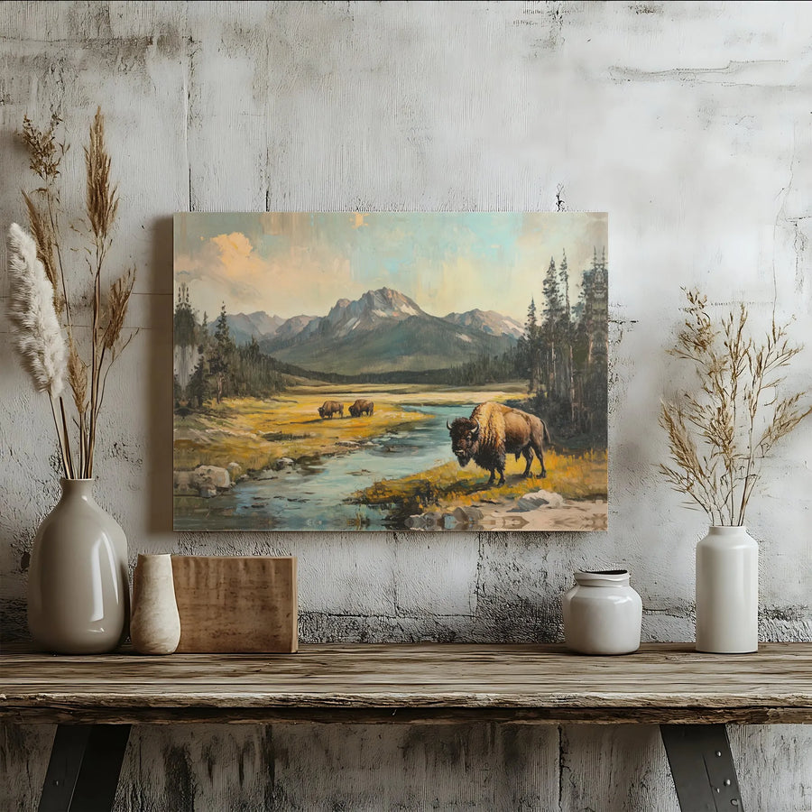 Bison Mountain Landscape Canvas | Vintage Oil Painting Style Print | Thick Gallery Wrapped Canvas | Rustic Lodge & Cabin Decor Gift