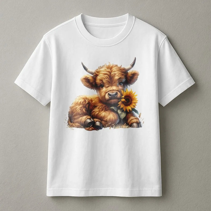 Highland Cow T-Shirt | Cute Baby Farm Animal with Sunflower Graphic | Premium Soft Cotton Tee | Western Gift for Cow Lovers