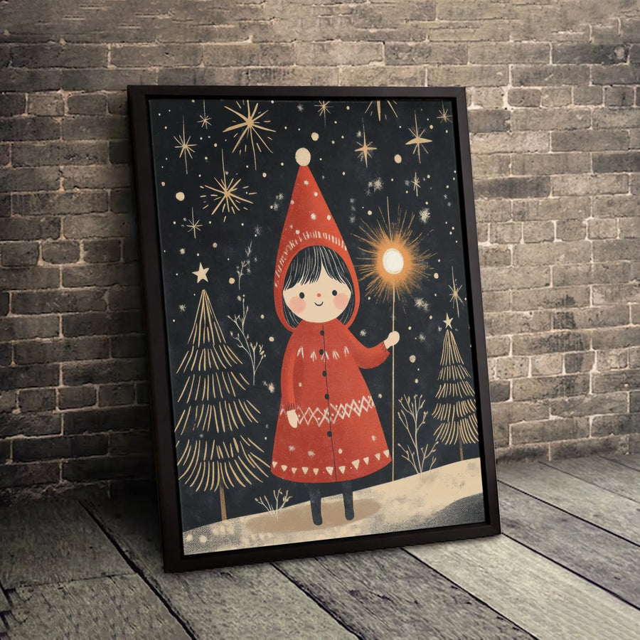 Whimsical Winter Forest Canvas Wall Art | Girl With Gnome Hat and Star Wand | Premium Fade-Resistant Gallery Print | Magical Christmas Holiday Decor Gift