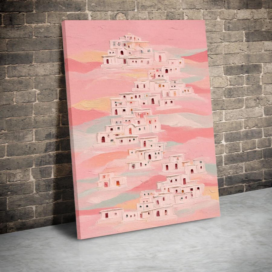 Pink Mediterranean Village Canvas Art | Abstract Coastal Hillside Print | Gallery Quality Textured Wall Decor | Modern Minimalist Home Gift