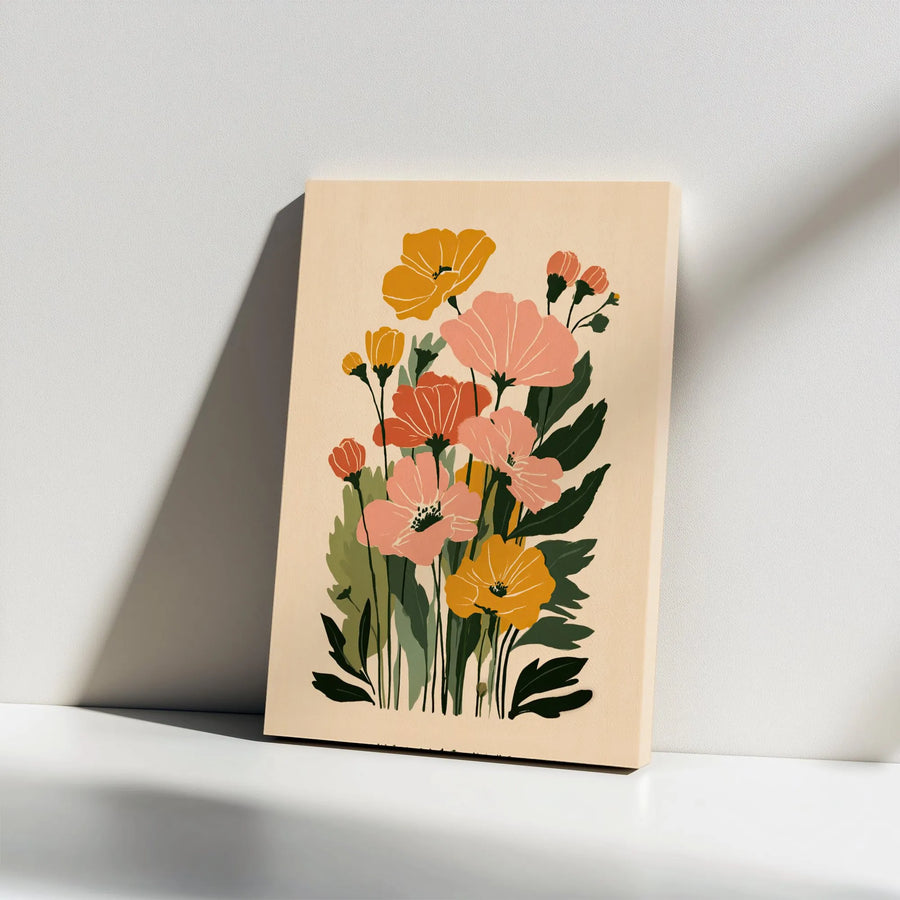 Botanical Floral Canvas Wall Art | Mid Century Modern Pink and Yellow Flower Print | Premium Gallery Wrap Decor | Aesthetic Gift for Home Office