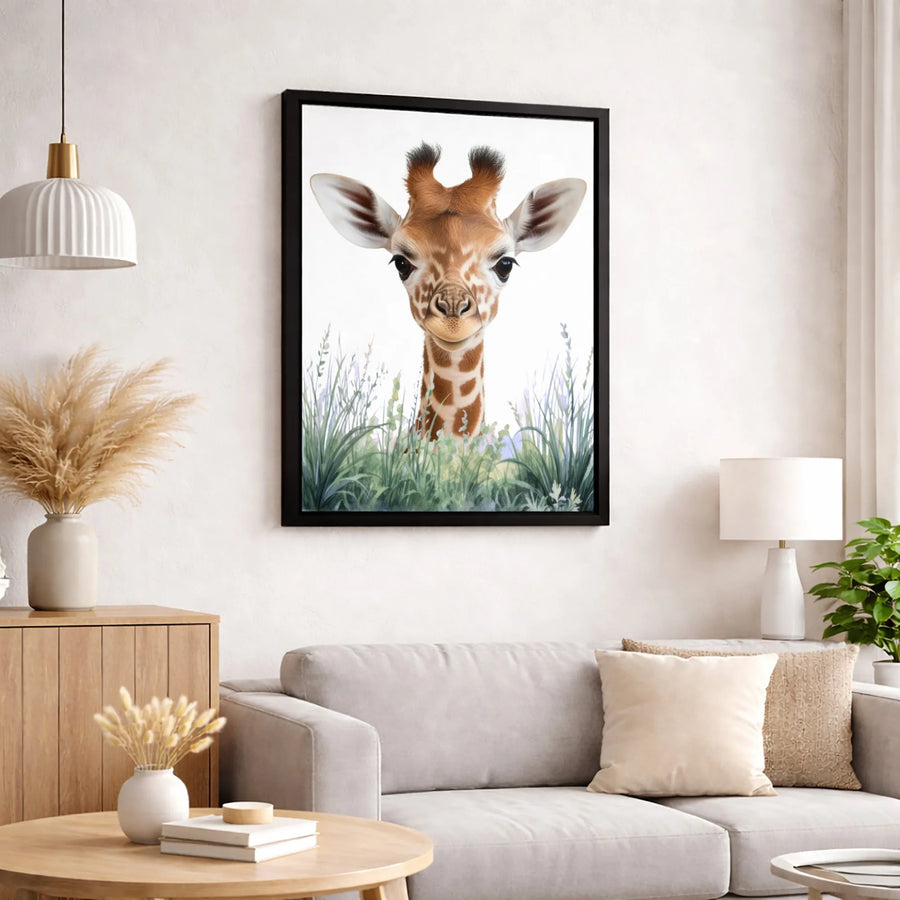 Baby Giraffe Canvas Wall Art | Peeking Wildflowers Watercolor Print | Premium Gallery Wrapped Decor | Nursery Gift for Safari Animal Lovers