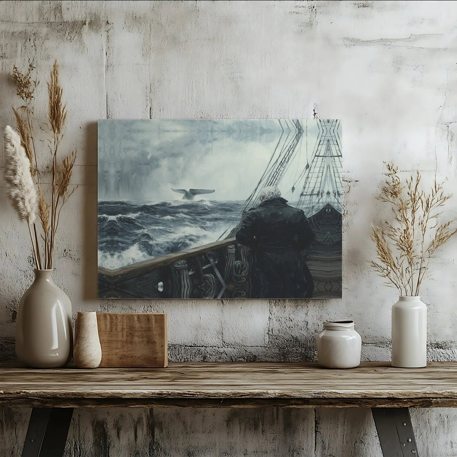 Whale Hunter Canvas Wall Art | Moody Nautical Storm Painting | Premium Gallery Wrap Decor | Captain at Sea Gift for Ocean Lovers