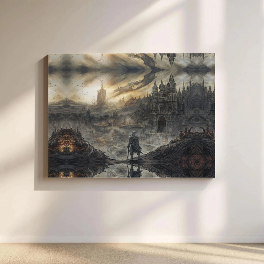 Dark Fantasy Knight Wall Art | Mirrored Gothic Castle Landscape | Premium Gallery Canvas | Epic Gaming Room Decor Gift
