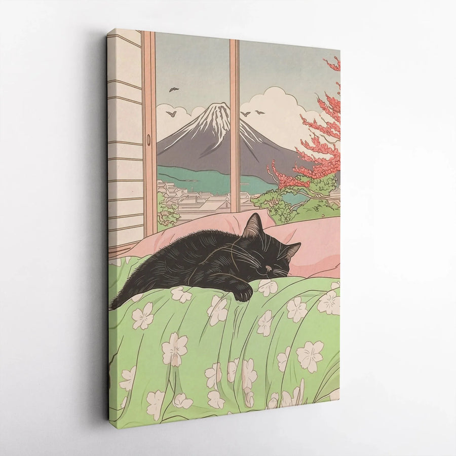 Japanese Black Cat Wall Art | Mount Fuji Cherry Blossom View | Premium Gallery Wrap Canvas | Cozy Home Decor Gift for Cat Lovers