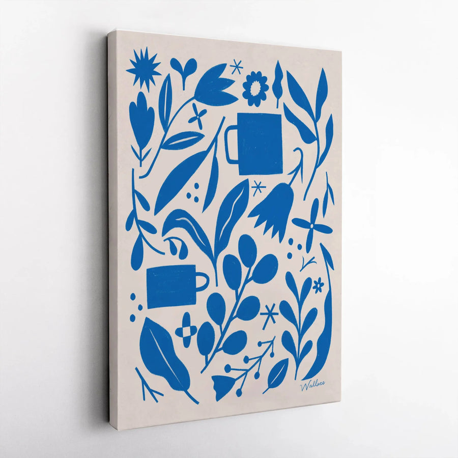 Blue Floral Coffee Canvas Print | Modern Minimalist Botanical Art | Premium Thick Gallery Wrap | Kitchen Wall Decor Gift for Coffee Lover