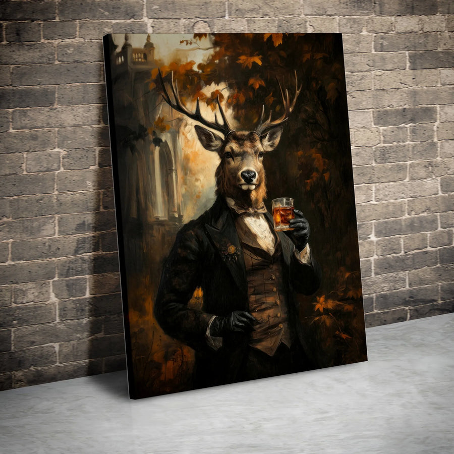 Distinguished Deer Portrait Canvas | Gentleman Stag in Suit with Whiskey | 1.25-Inch Gallery Wrap | Sophisticated Bar Wall Art for Home or Office