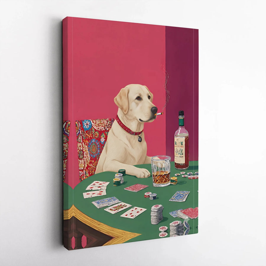 Yellow Lab Playing Poker Canvas Wall Art | Funny Dog Smoking at Card Table | Premium Gallery Wrapped Print | Man Cave Decor Gift for Dog Lover