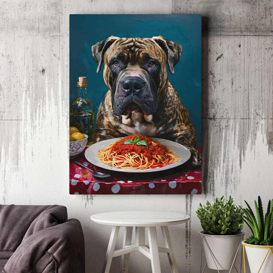 Cane Corso Wall Art | Funny Dog Eating Spaghetti Oil Painting Print | Premium Gallery Wrap Canvas | Unique Gift for Dog Lovers