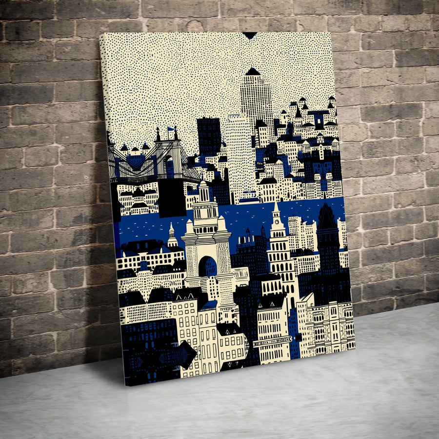 Retro City Skyline Vertical Canvas | Navy Blue & Cream Illustrated Stipple Cityscape Art | Premium 1.25" Gallery Wrap Wall Art | Modern Home & Office Decor Gift