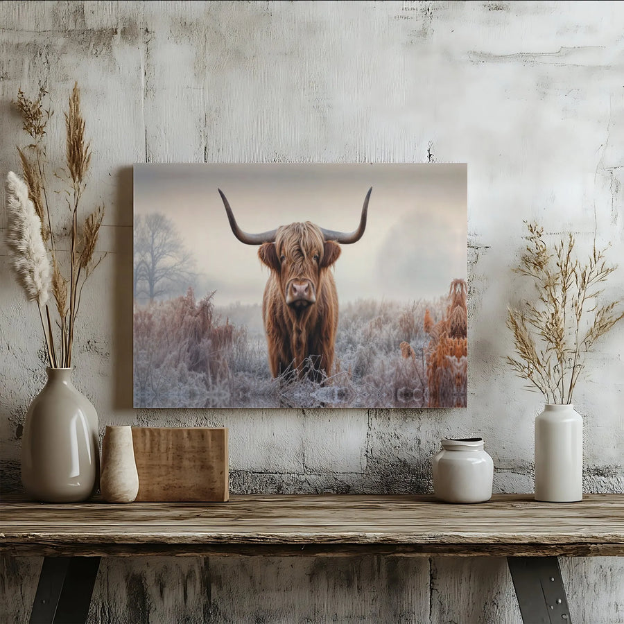 Highland Cow Wall Art | Frosty Winter Meadow Canvas Print | Premium Gallery Wrap Decor | Farmhouse Living Room Gift