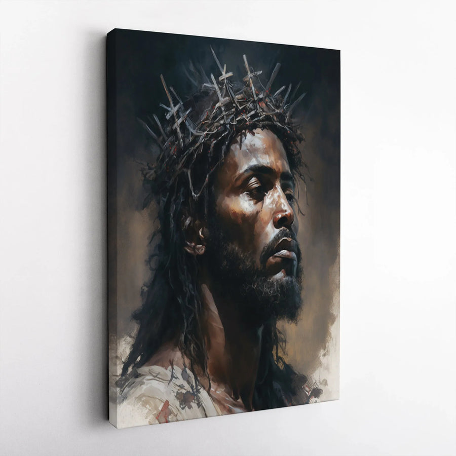 Black Jesus Canvas Wall Art | Crown of Crosses Portrait | Premium 1.25" Thick Canvas | Christian Faith Home Decor Gift