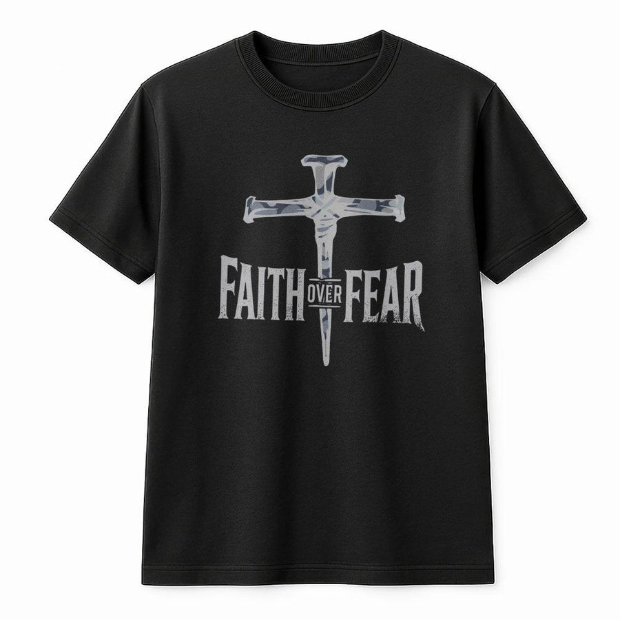 Faith Over Fear Christian T-Shirt | Camo Cross Graphic Design | Premium 100% Cotton Apparel | Inspirational Religious Gift for Men and Women