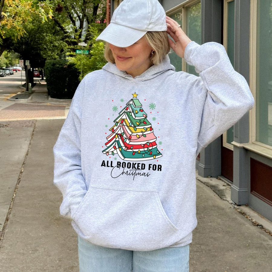 All Booked For Christmas Hoodie | Book Lover Tree Graphic Sweatshirt | Soft Cotton-Polyester Blend | Festive Reading Gift For Bookworms