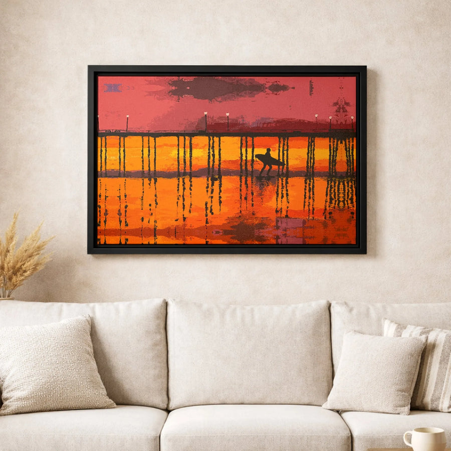 Surfer Silhouette Canvas Print | Coastal Pier Sunset Wall Art | Premium Gallery Wrapped 1.25" Profile | Tropical Beach Decor for Living Room