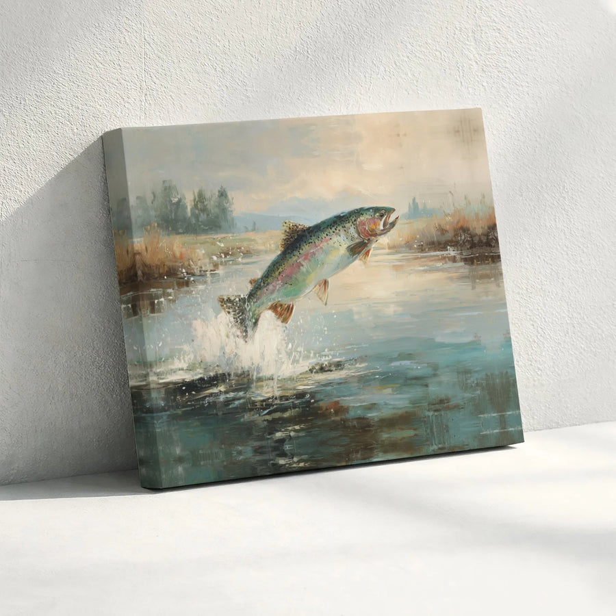 Jumping Rainbow Trout Canvas Wall Art | Impressionist River Fishing Decor | Premium Gallery Wrap Print | Nature Gift for Anglers and Lodge