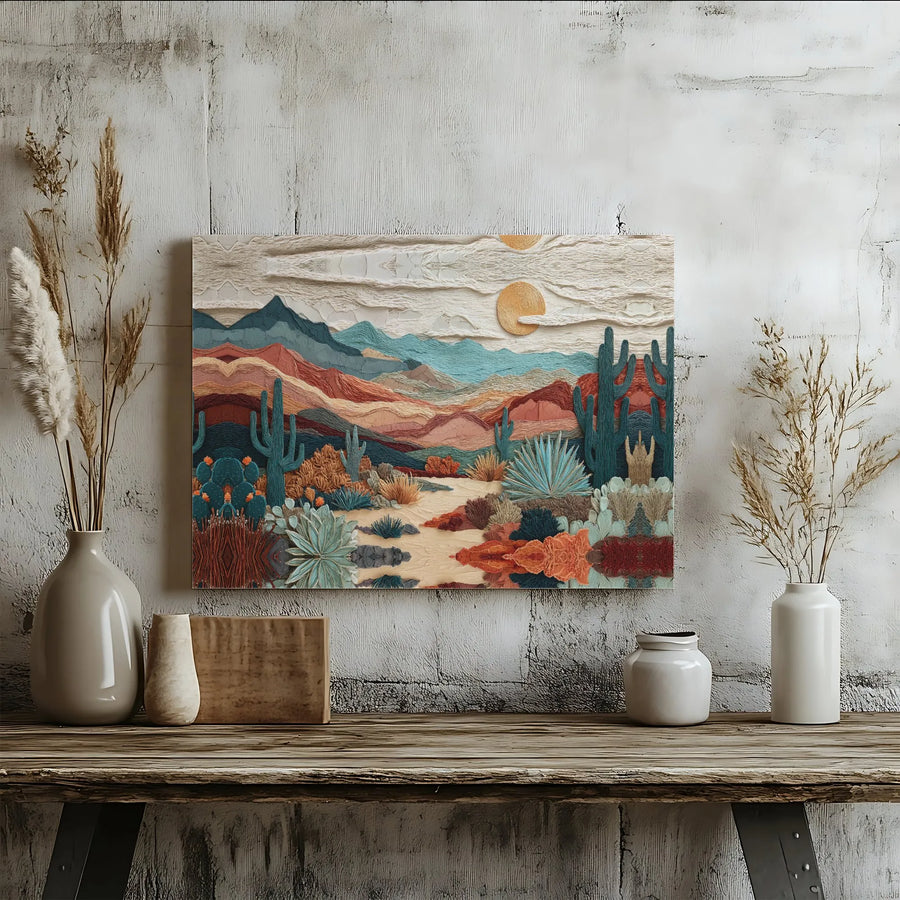 Desert Landscape Wall Art | Textured Cacti Mountain Canvas Print | Premium Gallery Wrap Decor | Southwestern Modern Living Room Gift