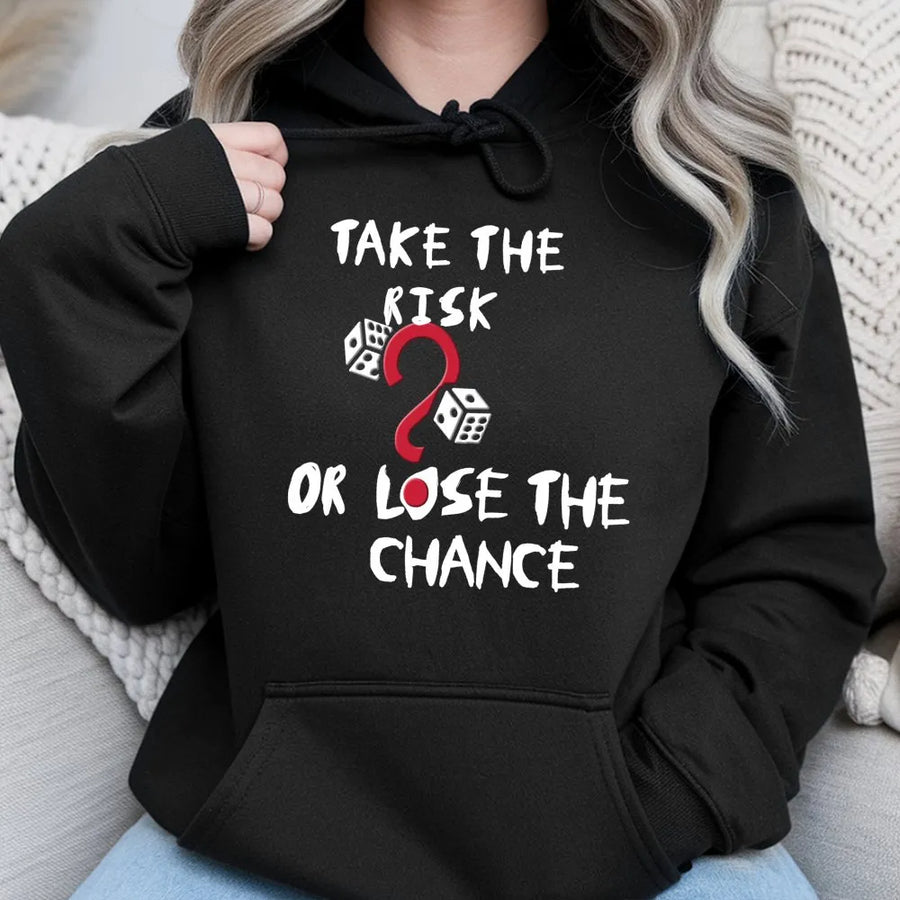 Take The Risk Motivational Hoodie | Dice Gambling Graphic Quote | Premium Cotton Blend Streetwear | Gift For Entrepreneur And Gambler