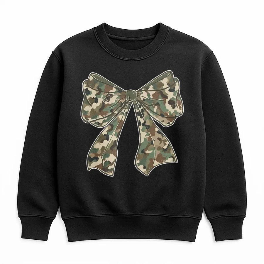 Camo Bow Sweatshirt | Trendy Camouflage Ribbon Graphic | Premium Cotton-Poly Blend | Cute Hunting Season Gift for Her