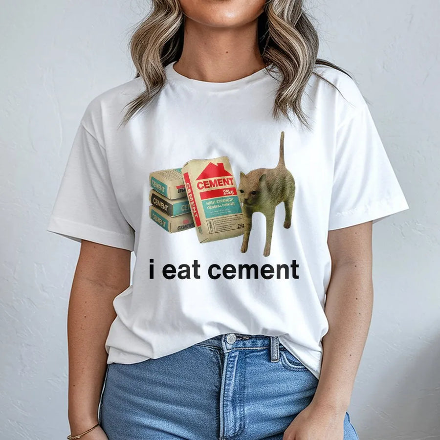 I Eat Cement Funny Meme T-Shirt | Cursed Cat Graphic Tee | 100% Cotton Premium Quality | Unhinged Internet Humor Gift for Men and Women