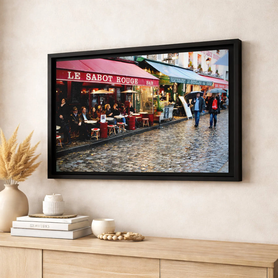 Paris Street Cafe Canvas Art | Rainy Cobblestone French Bistro Scene | Premium Gallery Wrap Print | Romantic European Home Decor Gift