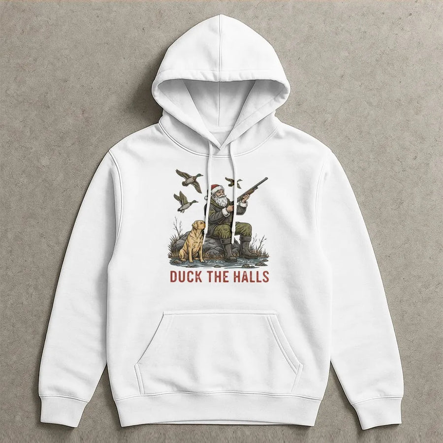Duck The Halls Christmas Hoodie | Santa Duck Hunting With Labrador Design | Premium Cotton Blend | Funny Holiday Gift For Outdoorsmen