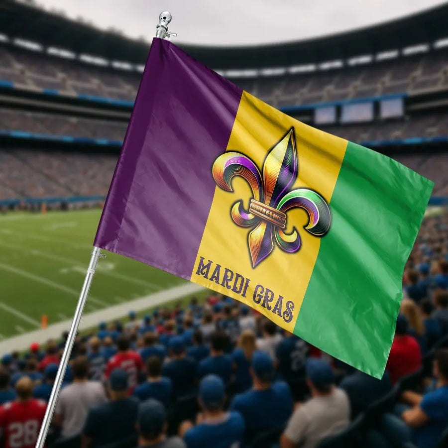 Mardi Gras House Flag | Fleur de Lis Tricolor Design | Weather-Resistant Double Sided Polyester | Seasonal Outdoor Yard Decor Gift