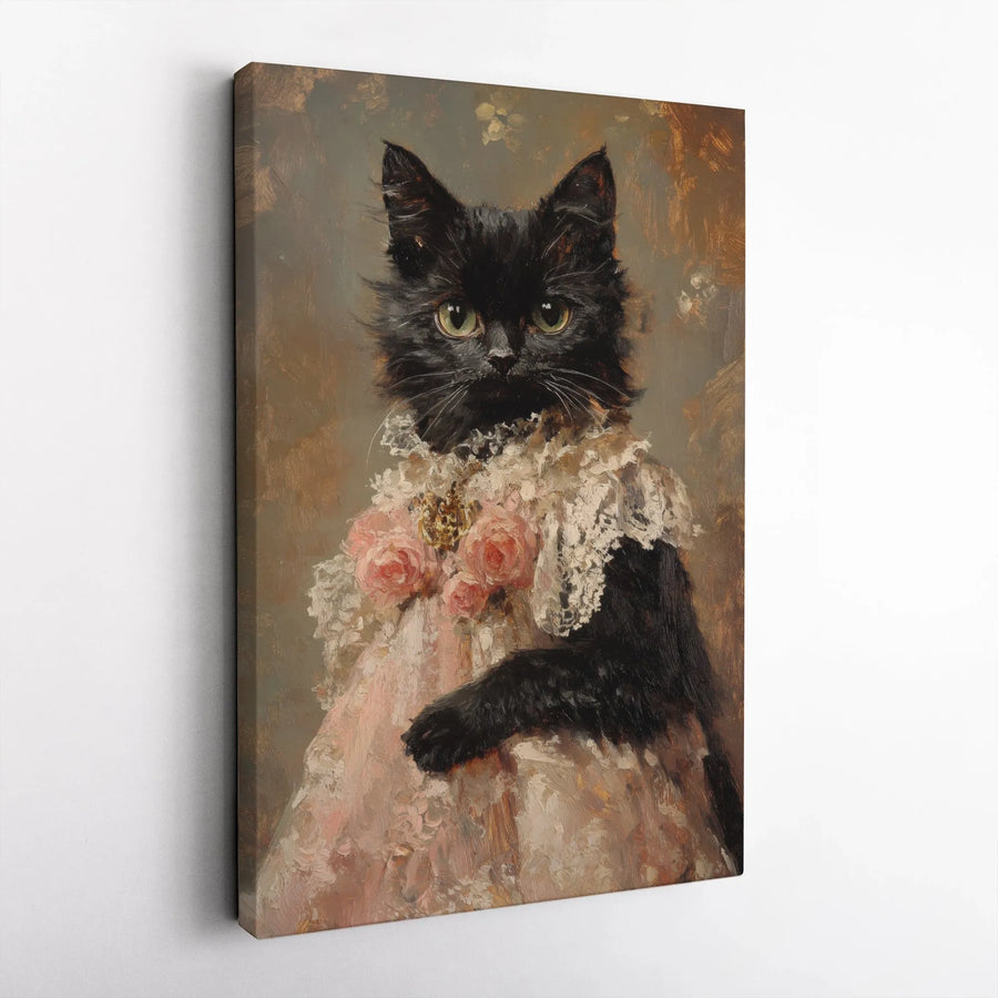 Black Cat Portrait Canvas Art | Victorian Style Pet Painting | Premium Gallery Wrapped Decor | Unique Gift for Cat Lovers