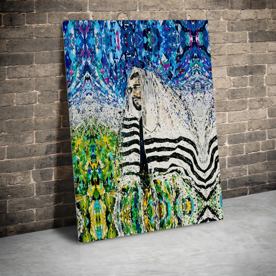 Jewish Prayer Abstract Art Vertical Canvas | Colorful Tallit & Tefillin Expressionist Portrait | Premium 1.25 Inch Gallery Wrap | Spiritual Judaica Gift for Home Office Decor