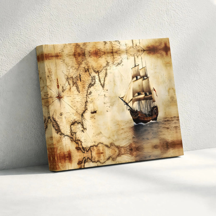 Nautical Sailing Ship Canvas Print | Antique World Map Design | Premium 1.25 Inch Gallery Wrap | Coastal Decor Gift for Home or Office
