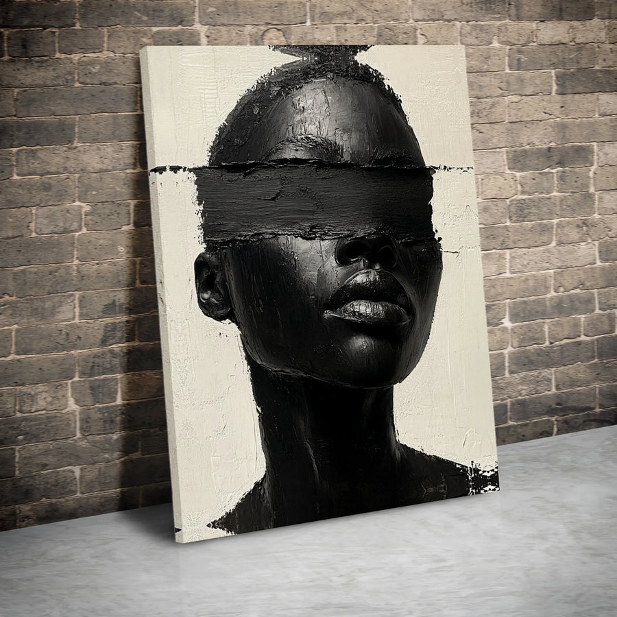 Black Woman Abstract Canvas Art | Textured Blindfold Portrait Print | Premium Gallery Wrap Canvas | Modern Minimalist Home Decor Gift