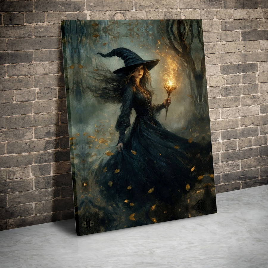 Mystical Forest Witch Canvas Wall Art | Dark Academia Gothic Fantasy Decor | Premium Gallery Wrapped Print | Gift for Witchcraft Lovers