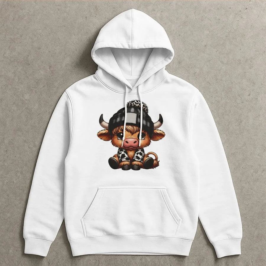 Cute Highland Cow Hoodie | Winter Beanie Plaid Design | Premium Cotton Blend | Aesthetic Farm Animal Gift for Cow Lovers