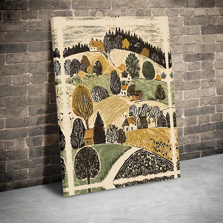 Rustic Countryside Canvas Print | Linocut Style Rolling Hills Art | Premium Gallery Wrapped Canvas | Farmhouse Living Room Decor Gift