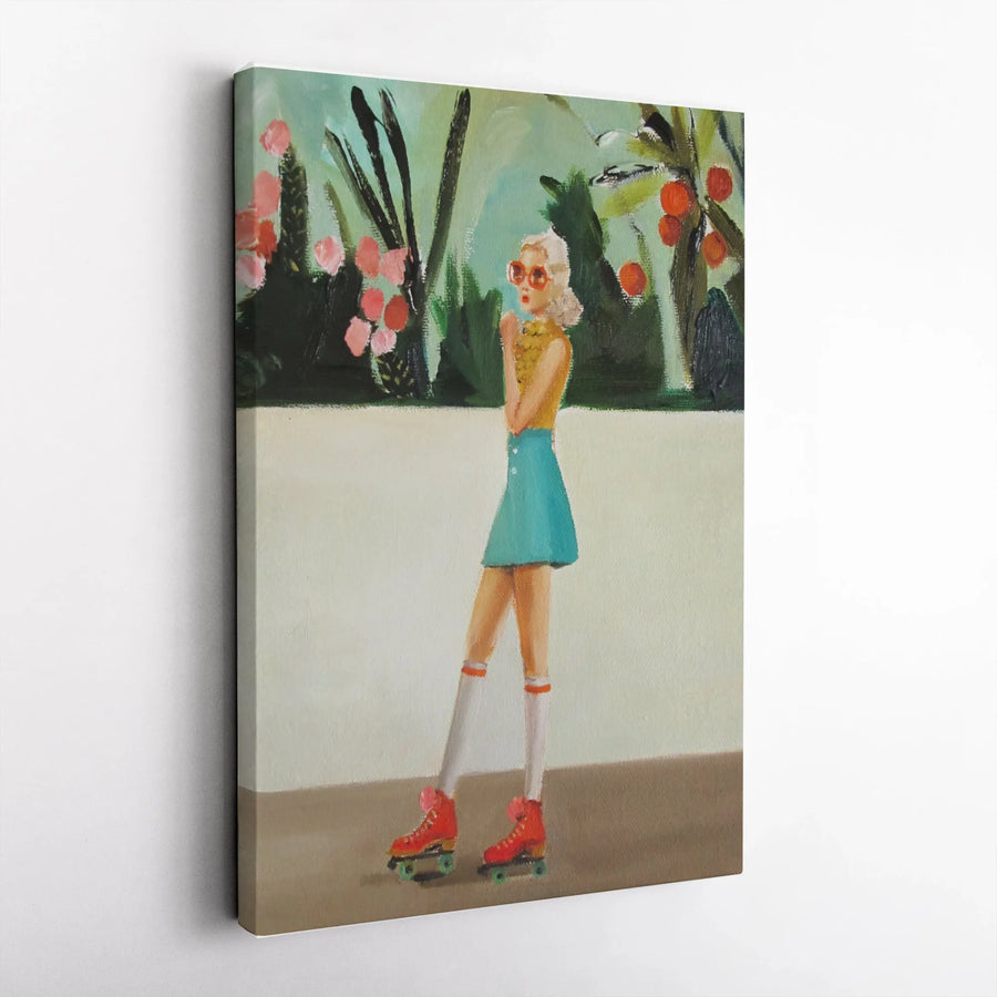 Retro Roller Skate Girl Canvas Print | Vintage 70s Summer Painting Art | Premium Thick Gallery Wrapped Canvas | Nostalgic Wall Decor Gift for Her