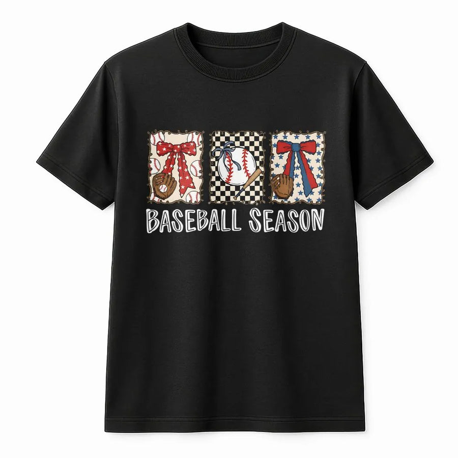Baseball Season T-Shirt | Retro Patriotic Bow Graphic Pullover | Soft Cotton Blend | Game Day Apparel Gift for Softball Mom