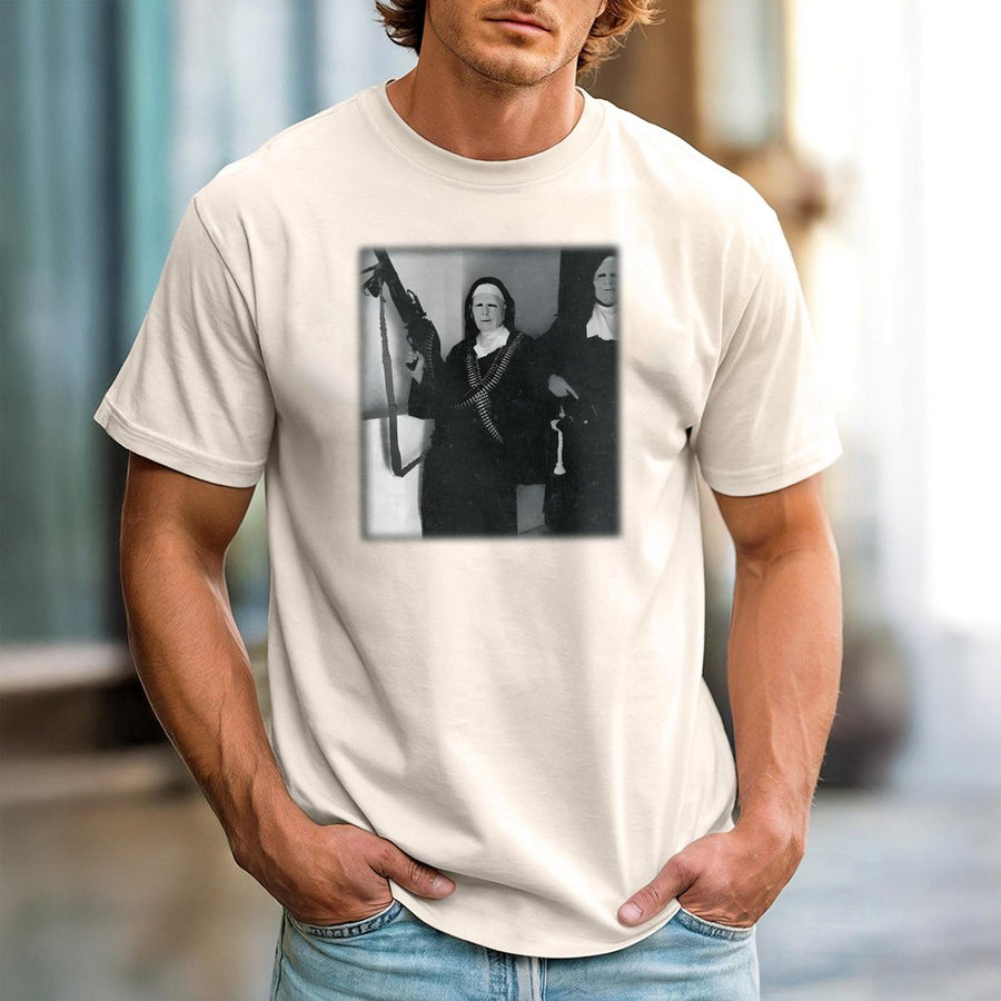 Nun With Machine Gun T-Shirt | Vintage Distressed Photo Graphic | Premium 100% Cotton | Edgy Streetwear Gift for Men and Women