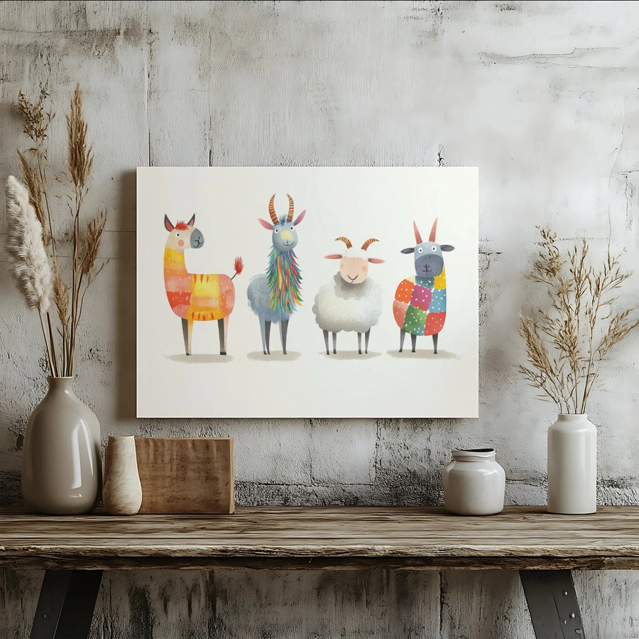 Whimsical Farm Animal Wall Art | Cute Llama Goat Sheep Watercolor Illustration | Premium Gallery Wrapped Canvas | Nursery Decor or Kids Room Gift
