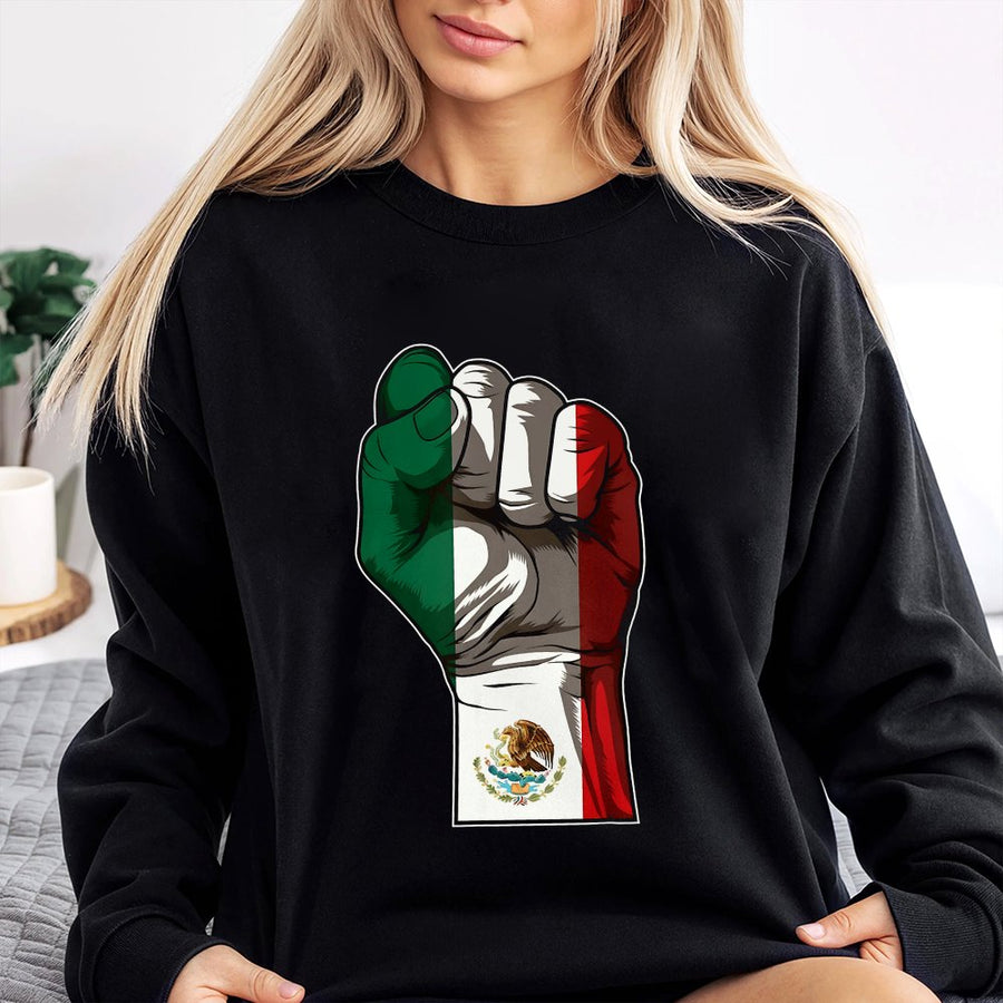 Mexico Flag Fist Sweatshirt | Mexican Pride Raised Fist Design | Cotton-Poly Blend Streetwear | Chicano Cultura Heritage Gift For Men And Women