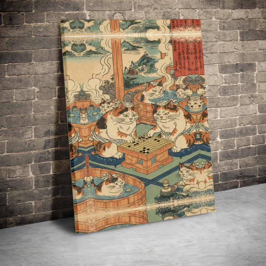 Japanese Cat Art Canvas Print | Ukiyo-e Style Bathhouse Scene | 1.25" Gallery Wrap | Whimsical Animal Wall Decor for Home or Office Gift